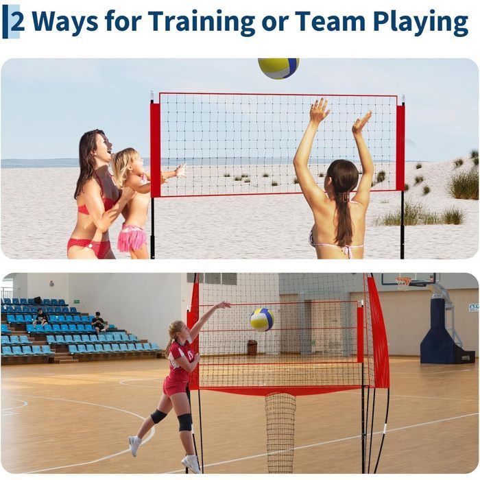 Filet de volleyball portable 248x107x335 cm - Hauteur réglable 1,9–2,4 m, structure acier/fibre de verre avec sac