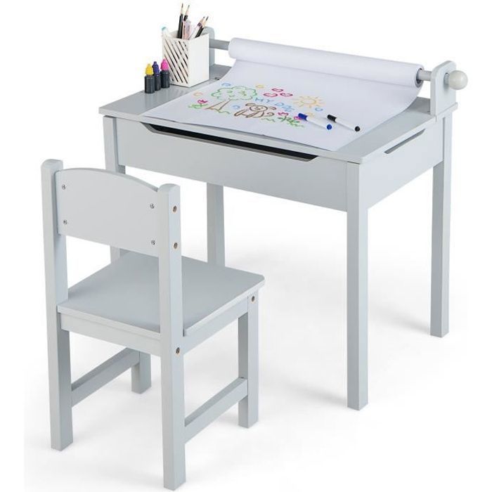 COSTWAY Bureau pour Enfants avec Chaise, Rouleau de Papier, Plateau Rabattable (Rangement Caché)en Bois pour 3+ Ans, Gris