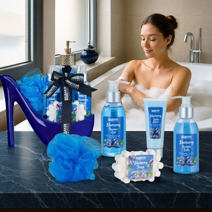 BRUBAKER Cosmetica - Bad- en beautyset - Bosbes - 6-delig - Decoratieve pomp - Blauw - Cadeau-idee voor vrouwen