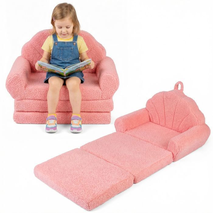 Canapé pour Enfants Pliable COSTWAY Convertible 2-en-1 avec Motifs de Coquillages, Poignée Légère, Base Anti-Dérapante, Rose