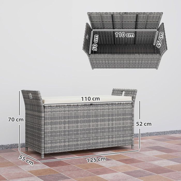 Banco de almacenamiento exterior - Outsunny - resina tejida - 250 L - cojín extraíble - blanco