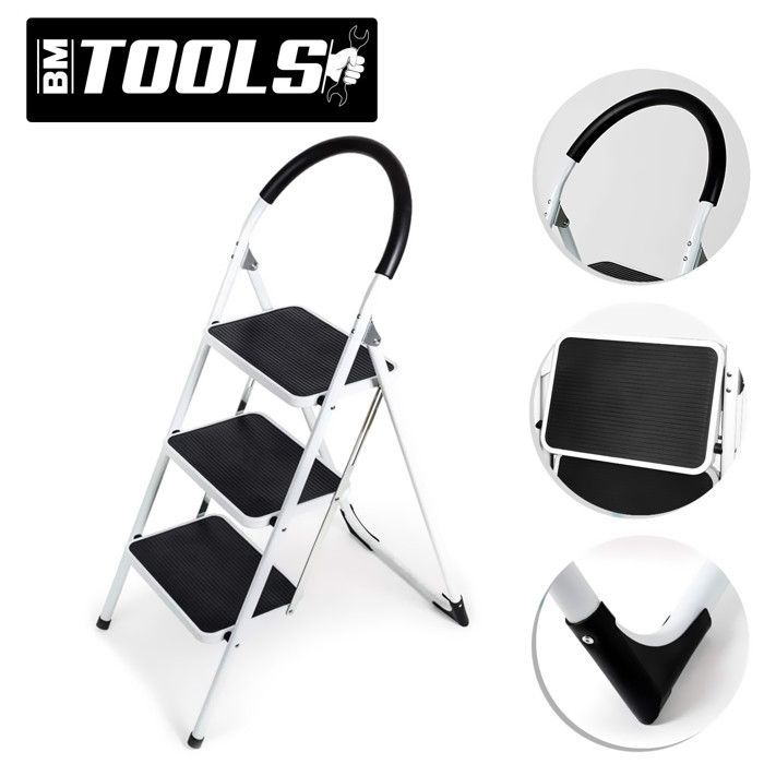 Escada de 3 degraus BM TOOLS BMT-ESC3-STEEL, altura de trabalho: 69 cm, fácil de guardar, degraus e alças antiderrapantes.