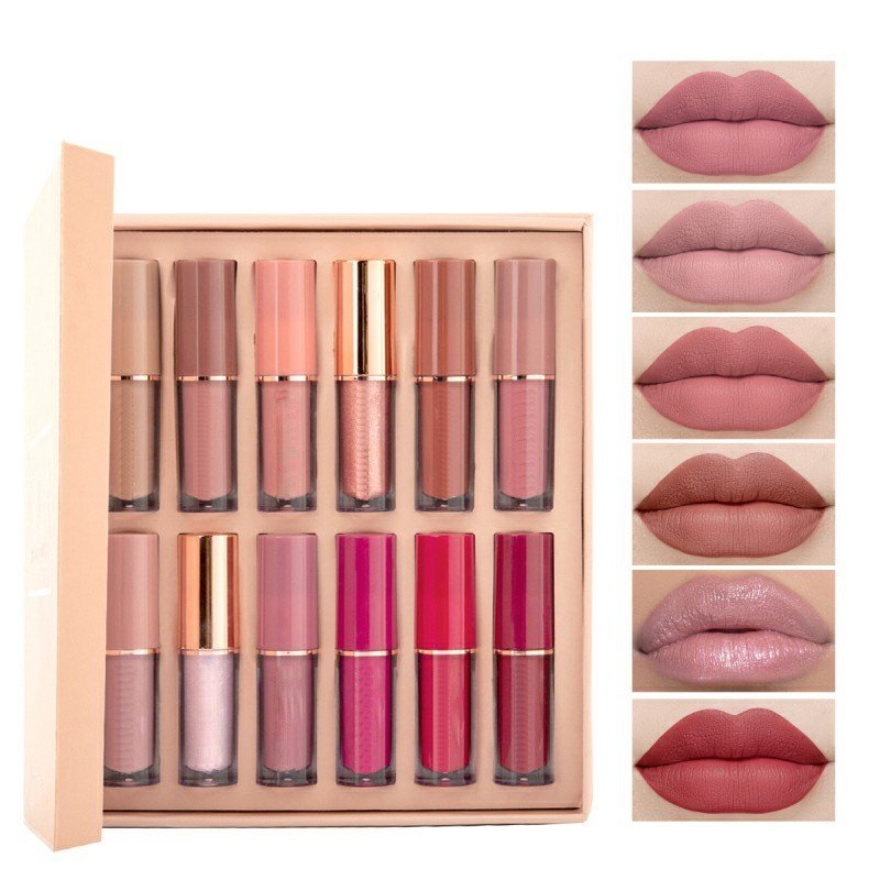 Ensemble de 12 gloss à lèvres mats nacrés longue tenue, waterproof et veloutés - Maquillage - TSLM1