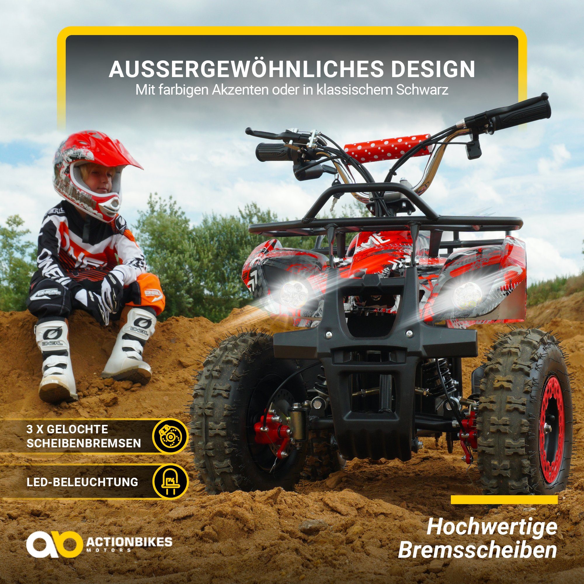 Actionbikes Motors elektrisches Kinderquad Torino ATV 1000 W 36 V, Tragfähigkeit 50 kg, (1 Stück), Taschenquad – Sicherheitsberührung – gelochte Scheibenbremse – bis zu 25 km/h