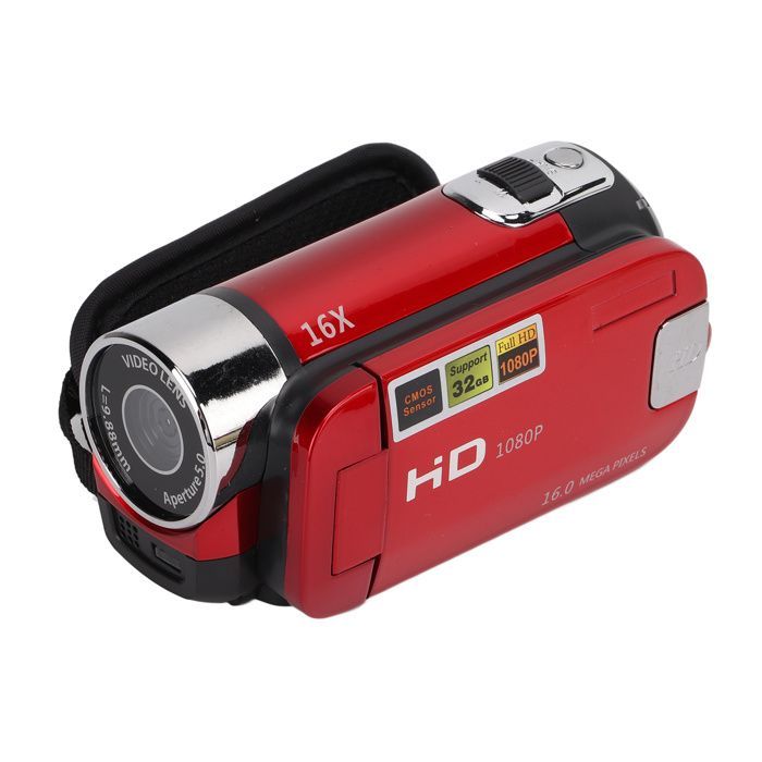 Videocámara portátil OMABETA Full HD con pantalla giratoria de 270° y color rojo.