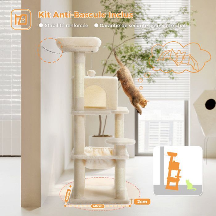 PAWZ Road krabpaal, ruim ontwerp, grote, stevige en stabiele hangmat met hangmat en prachtig kattenhuis - middelgroot, beige, 116 cm