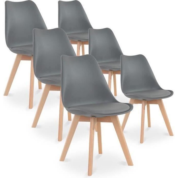CATHERINA Lot de 6 chaises - Scandinave - Pieds bois - Gris
