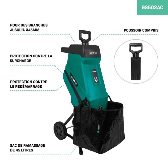 Tuinversnipperaar van 2500 W – Voor takken tot Ø45 mm – Inclusief opvangbak van 45 liter en duwstang.