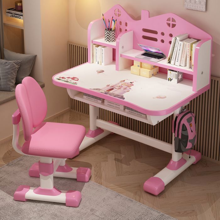 Conjunto de escritorio y silla infantil, regulable en altura, con estante y cajón, color rosa, 105 x 72,5 x 48,5 cm.