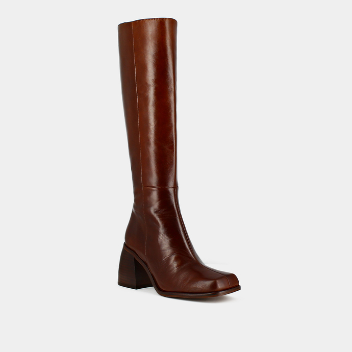 Bottes à talons hauts et bouts carrés  en cuir vieilli marron