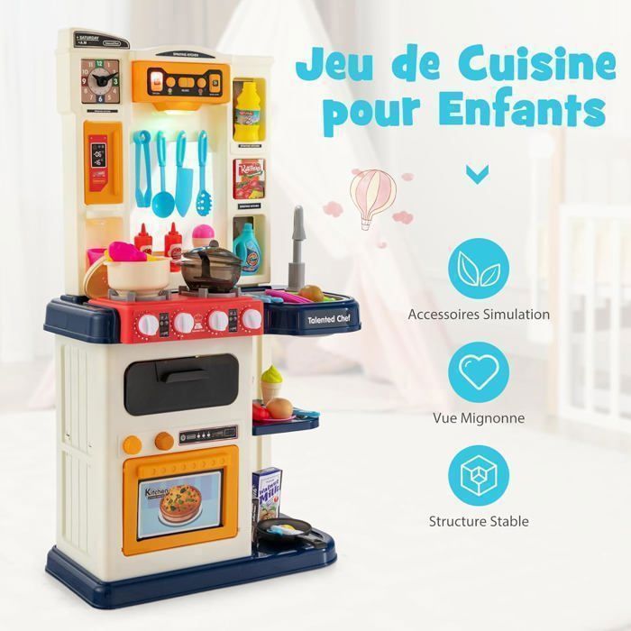 COSTWAY Kinderkeuken met 38 accessoires, speelkeukenset, realistische licht- en geluidseffecten, kerst-/verjaardagscadeau, geschikt voor kinderen vanaf 3 jaar, blauw