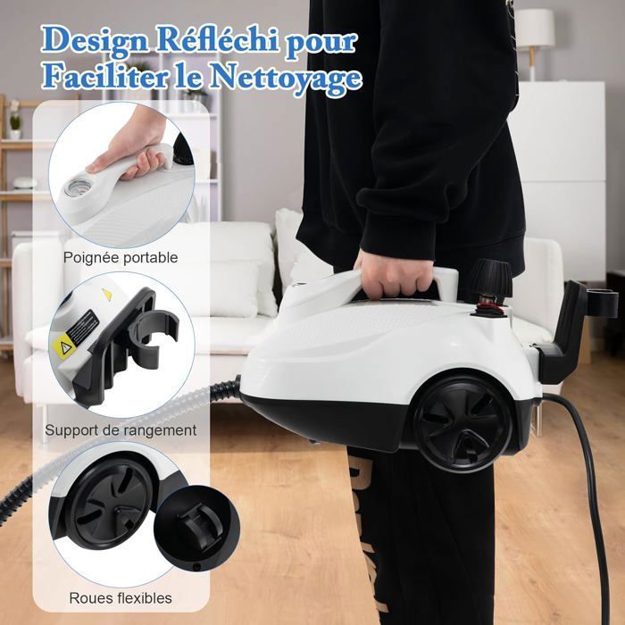 Pulitore a vapore COSTWAY da 2000 W per cimici dei letti, 5 accessori BAR-19, serbatoio da 1,8 l, ruota universale, 160℃, autonomia di 35 minuti, bianco.