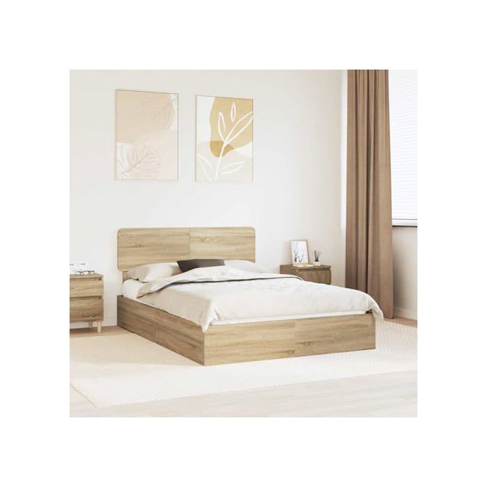 Cama con almacenamiento - vidaXL - Roble Sonoma - 140x190 cm - Madera de ingeniería - Con cajón - Estructura de láminas