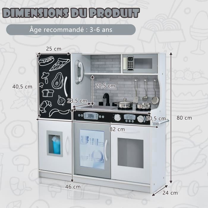 Cocina de madera infantil COSTWAY para niños de 3 a 6 años con teléfono, pizarra, microondas, máquina de hielo y 7 accesorios - Gris