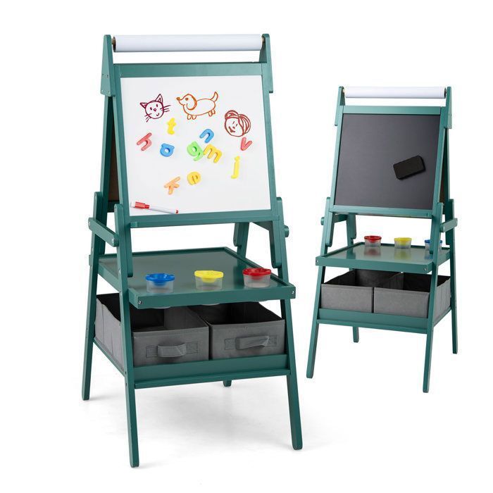 Caballete infantil 3 en 1 - DREAMADE - Caballete infantil de doble cara - Rollo de papel - 3 botes de pintura - 2 cajas de tela - Verde