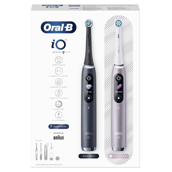 „Oral-B iO Series 9 Duo“ elektriniai dantų šepetėliai, juodi, rožiniai, 2 vnt.