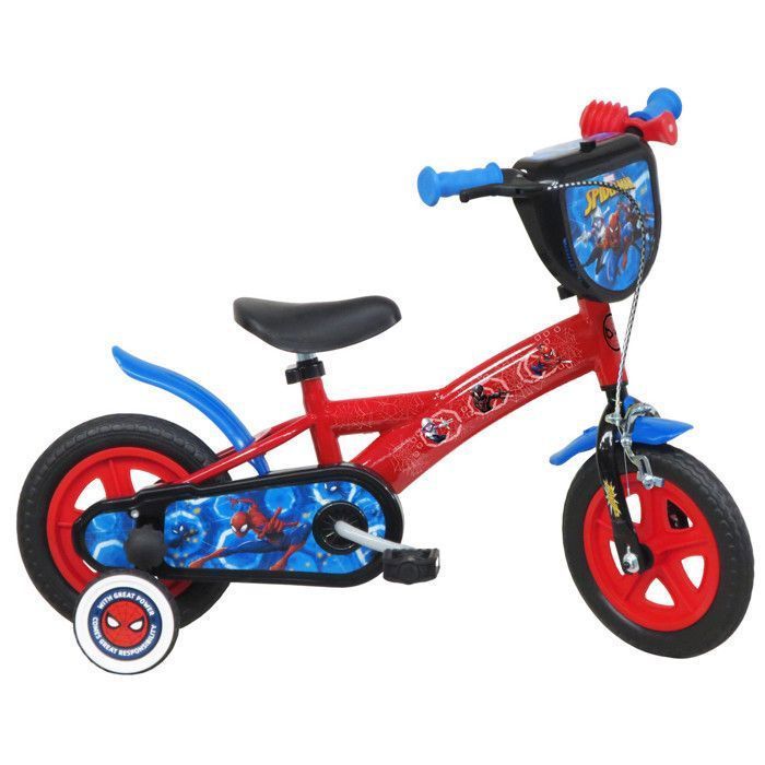 Vélo enfant SPIDERMAN  10'' - Plaque avant décorative -1 frein - garde-boues - carter - roues à bâtons - 2 stabilisateurs  !