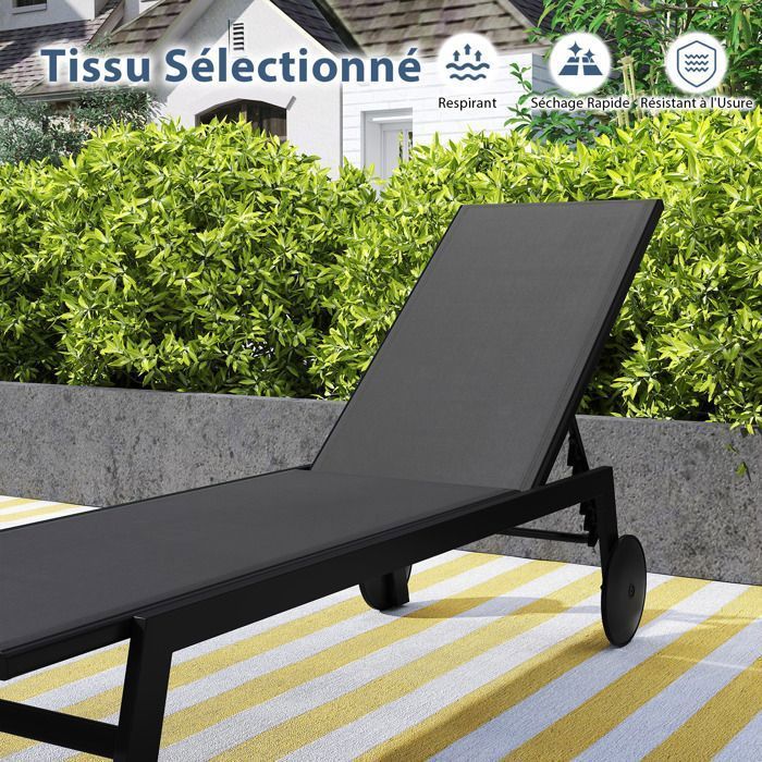 COSTWAY Lot de 2 Bain de Soleil avec Roulettes, Dossier Réglable en 6 Positions, Textilène pour Piscine, Terrasse et Jardin Gris