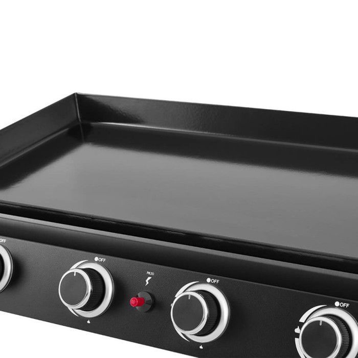 Plancha de gas Alma de 4 quemadores - COOKING BOX BY FAVEX - Placa de acero esmaltado de 77,5 x 33,8 cm - 4 quemadores de 9,6 kW - Para 12 personas - Negra