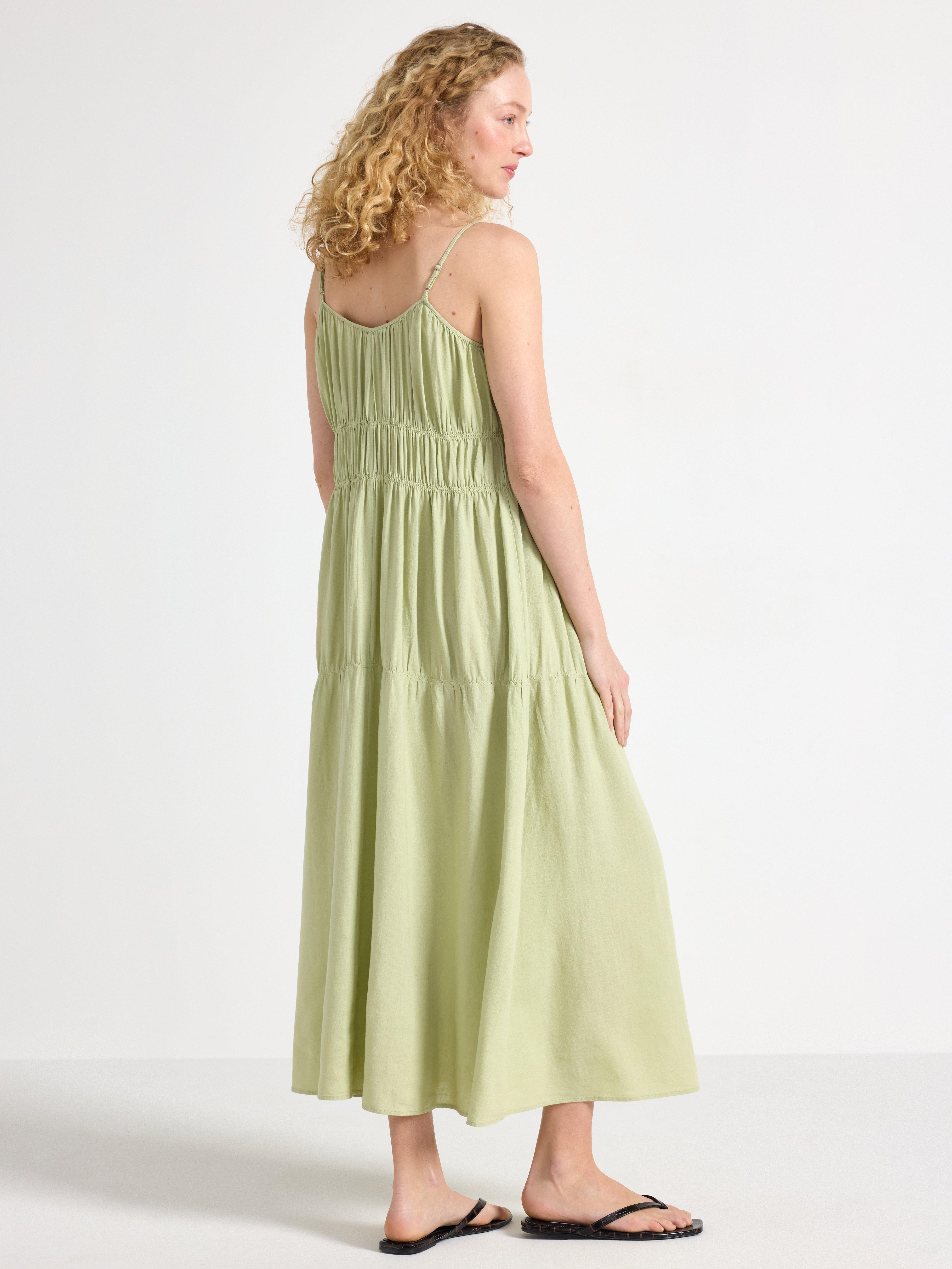 Vestido longo em mistura de linho verde claro acinzentado