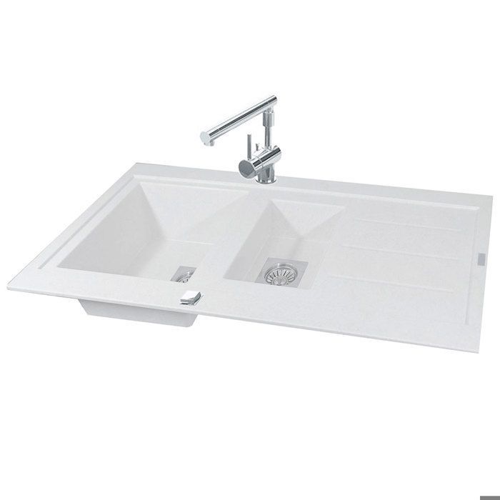 Inset kitchen sink, 1 and a half bowls, mineral resin, white, 98 x 50 cm