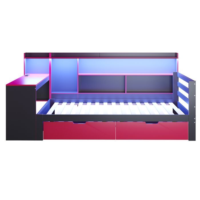 Letto singolo 90x200 cm con LED - 2 cassetti e vani portaoggetti - Presa elettrica - Nero+rosso