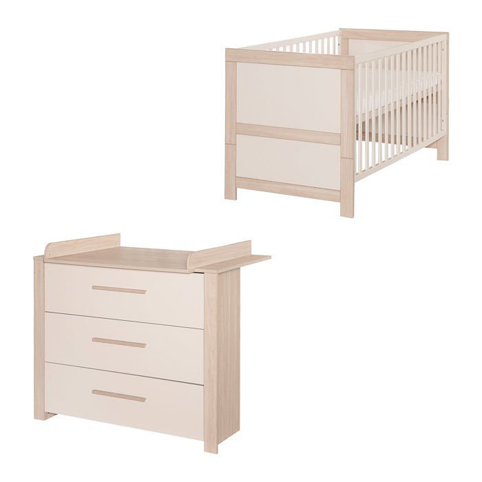 Conjunto de dormitorio convertible para bebé ROBA Momo - Cuna de 70x140cm + cambiador de 3 cajones - Beige cachemir - Roble Tristan