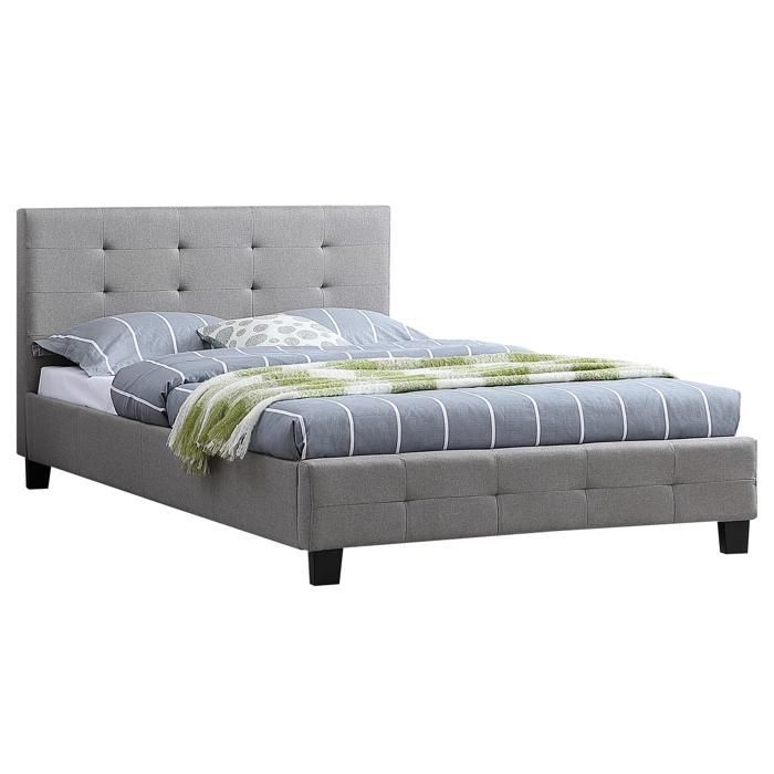 Cama individual MARLON para adultos con somier de láminas de 120x190 cm, para 1,5/1 persona, cabecero y piecero tapizados, en tela gris.