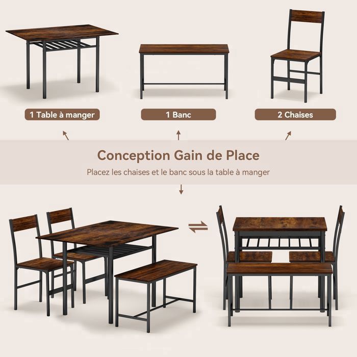 Juego de comedor con mesa, 2 sillas y banco, juego de comedor de 4 piezas, mesa de comedor extensible, marrón.