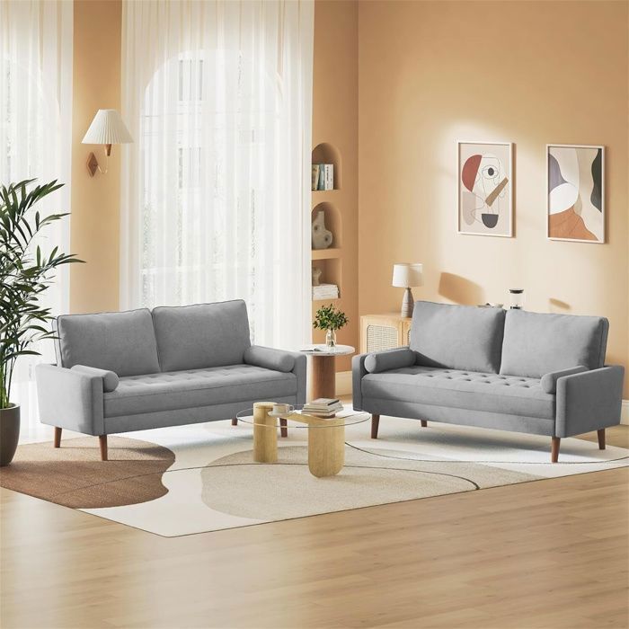 Canapé 3 Places en Tissu  Lin Velours,Fauteuil Scandinave avec 2 Coussins pour Salon,Pied en Bois Massif,77x173x84cm,Gris