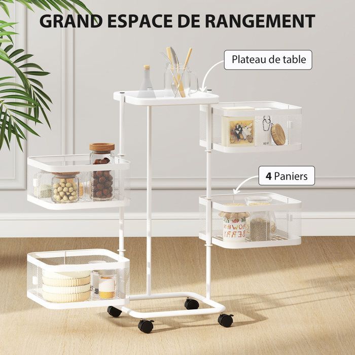 Resserre 4 paniers rotatifs sur roues, chariot à légumes et fruits, plateau, étagère en fil d'acier, 33x33x77cm, blanc