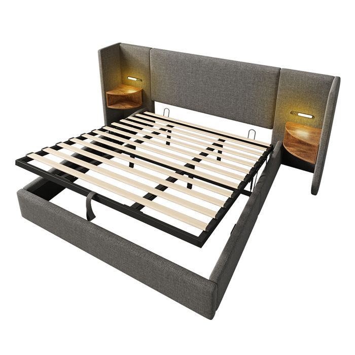Lit rembourré double 180x200 cm avec dossier long, table de chevet, lampe de lecture, USB Type-C, coffre de rangement, lin, gris