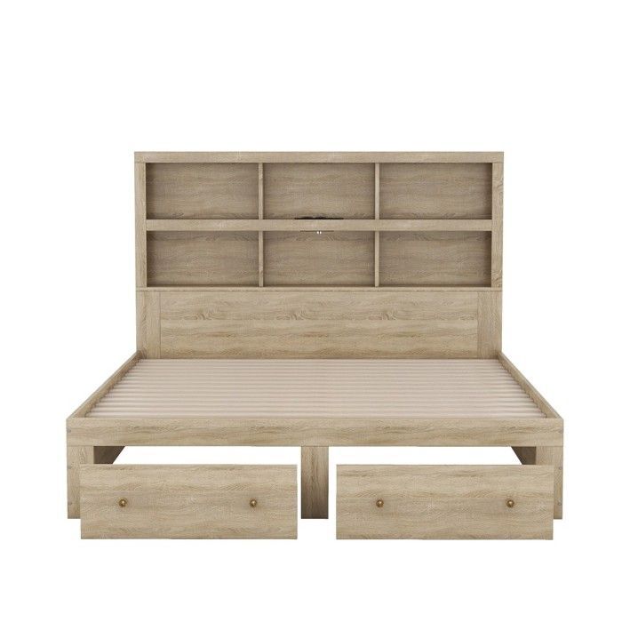 Cama doble king size de 160x200 cm con somier de láminas, 2 cajones y cabecero con espacio de almacenamiento. Diseño natural. Colchón no incluido.