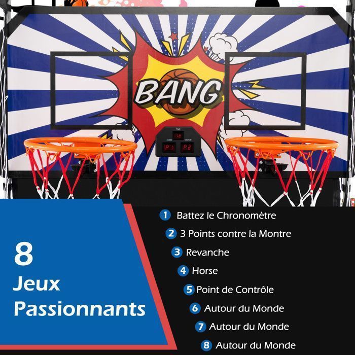 Juego de baloncesto plegable COSTWAY con 2 aros, 4 pelotas, bomba de inflado, sistema de puntuación, 8 modos, 4 jugadores, azul y blanco.