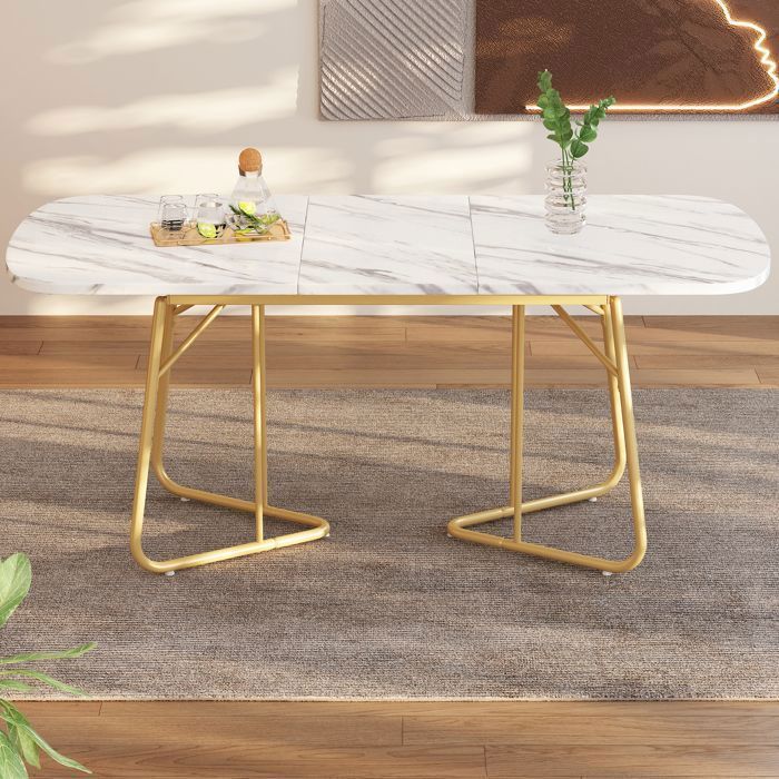 Mesa de comedor extensible Lemonbest de 140/180x80cm, blanca con base de mármol y exquisitas patas de metal chapadas en oro de lujo.