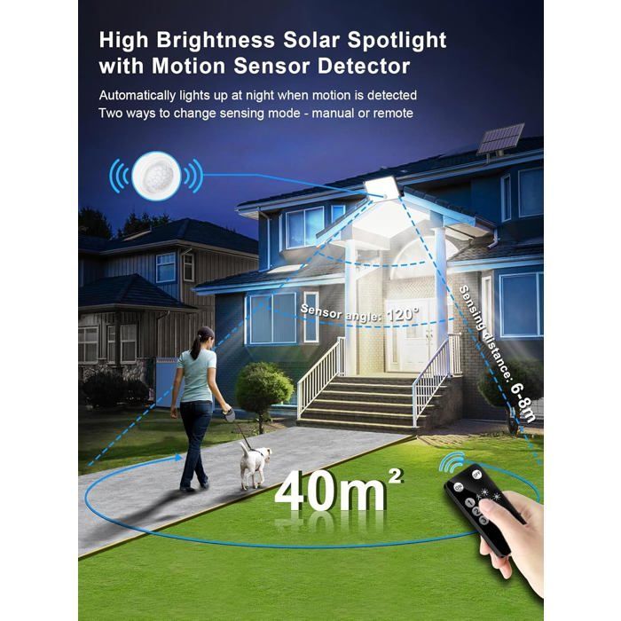 Lámpara solar de exterior con 172 LED, 3 modos, sensor de movimiento y clasificación IP65 (luz blanca fría).