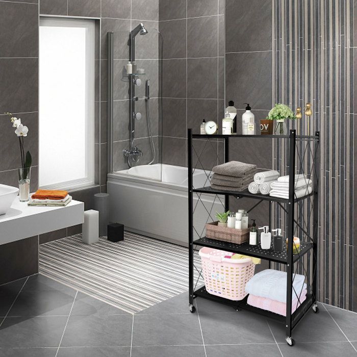 Folding storage unit - 4 shelves - Black metal - 4 lockable casters - 272 kg capacity