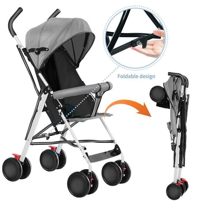 MIPAN. Passeggino per bambini - Passeggino a ombrello ultracompatto e leggero - Con imbottitura in cotone e zanzariera - fino a 20 kg - Grigio