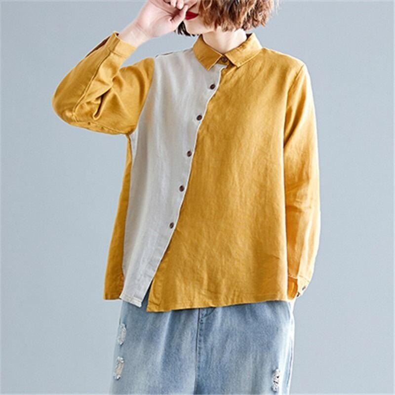 Chemise décontractée à manches longues pour femme, style printemps-automne, patchwork coton-lin, blouse ample vintage, Blusas Mujer S610