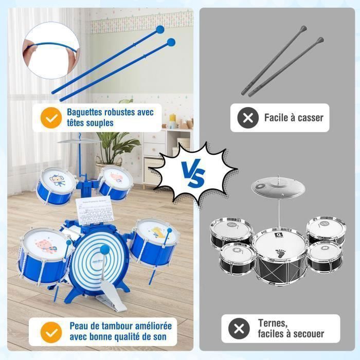 COSTWAY Children's Jazz Drum Set with Stool - 5 Detachable Drums, Cymbal, Drumsticks, Pedal - Educational Instrument Toy for 3 Year Olds