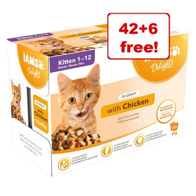 48 x 85 g IAMS Delights Senior/Kitten Nassfutter in Soße – 42 + 6 gratis!*