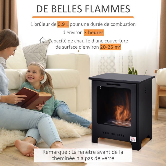 Chimenea de bioetanol - HOMCOM - independiente, quemador de 0,9 L, 3 horas de duración, estilo neorretro, acero, 40x30x50 cm, negra