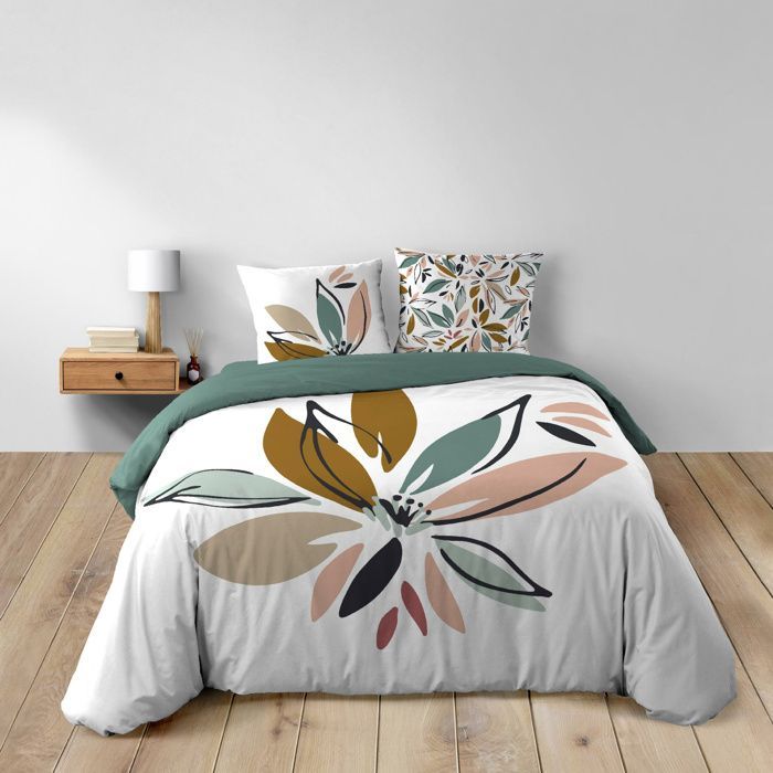 Housse de couette 240 x 220 cm OCTAVIA - 100% coton 42 fils + 2 taies - motif floral vert réversible