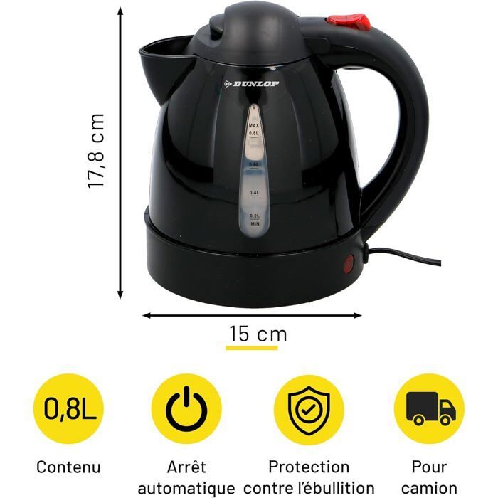 Hervidor eléctrico de viaje TRAHOO - 0,8 L - 24 V - Enchufe para encendedor de cigarrillos - Protección térmica - Apagado automático