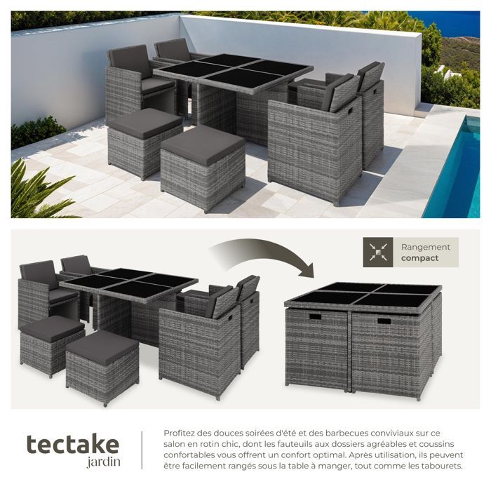Salon de jardin - TECTAKE - Ensemble détente repas d'extérieur MANHATTAN 8 personnes pliable et encastrable résistant - Gris