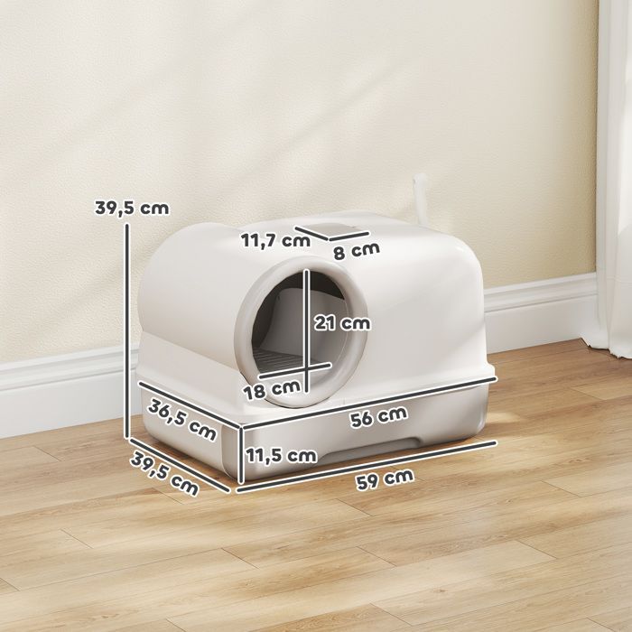 Large enclosed PP litter box, cat toilet for large cats, with lid and scoop, 59 x 39.5 x 39.5 cm, light grey