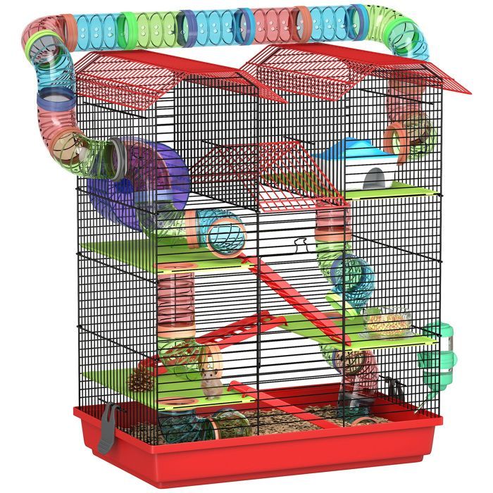 Gabbia per criceti - PawHut - con tunnel, mangiatoia, ruota e giocattolo - per topi e piccoli roditori - 47 x 30 x 59 cm - rossa