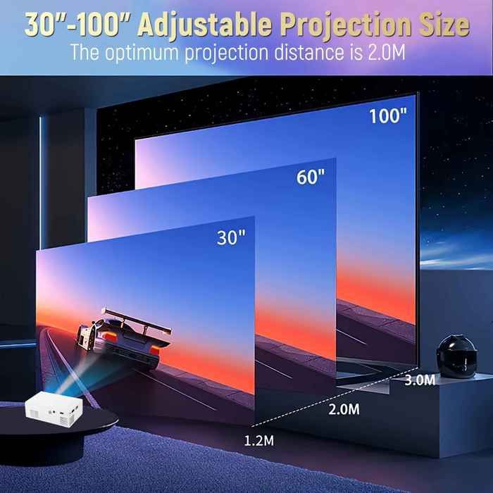 Draagbare Full HD 1080P-projector – 100 ANSI-pixels – Instelbare focus – 76-254 cm – Zacht beeld, oogbescherming – Home cinema