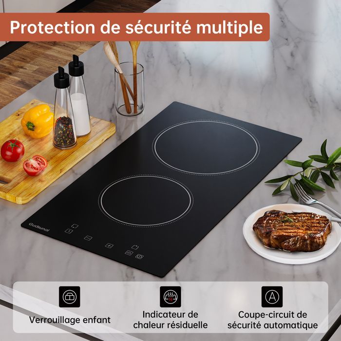 Gudsunal elektrische keramische kookplaat, 2 branders, 3000W, 9 vermogensniveaus, timer