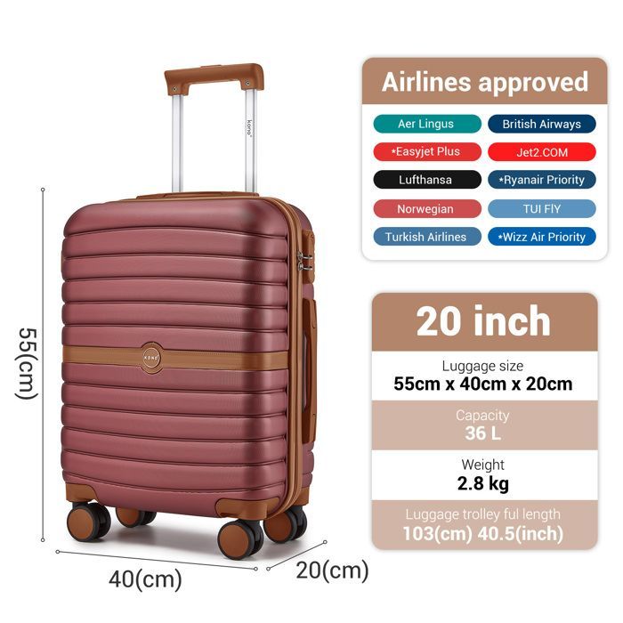 Maleta de cabina Kono, tamaño 55x40x20 cm, carcasa rígida de ABS+PC, maleta de viaje pequeña con 4 ruedas y cerradura, carrito de viaje, roja